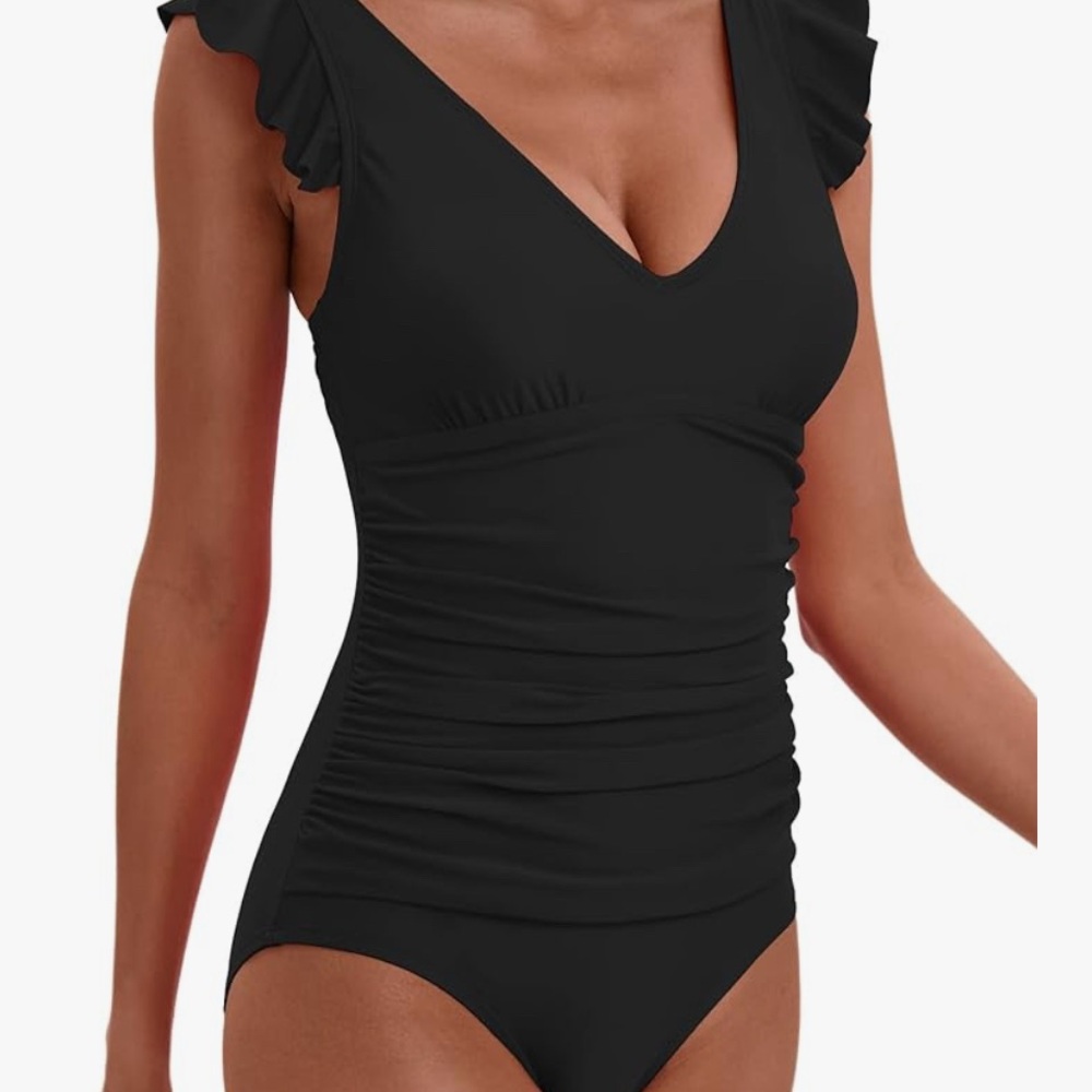Black Ruffked shoulders tummy control One Piece Swimsuit